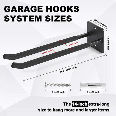 Extra Large 14 Inch Garage Hooks Set for Wall Mount Storage, Heavy Duty Tool Hangers, Long Utility Hooks dimensions