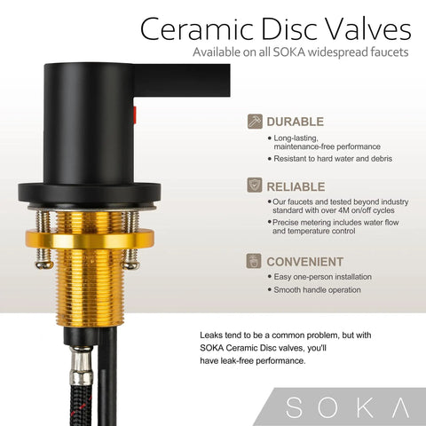 Close-up of SOKA Ceramic Disc Valve used in Matte Black Widespread Bathroom Faucet With Two Handles, Three Piece Vanity Lavatory Set.