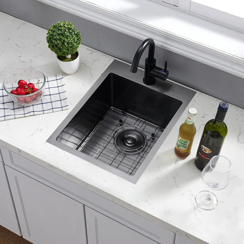 Gunmetal Black Drop In Bar Sink For Small Kitchens And RVs, 15x20 Inch Stainless Steel 16 Gauge Top Mount Wet Bar Prep Sink with grid installed