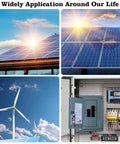 Solar panels and wind turbines illustrating renewable energy usage with a control panel connected to 30A MPPT Solar Charge Controller For 12V And 24V Systems With LCD Display Auto Battery Charger Dual USB Ports Timer On Off Plug And Play On The Go Power Manager For Efficient Charging.