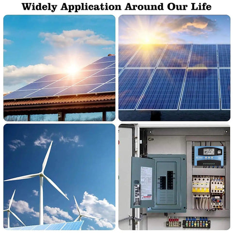 Solar panels and wind turbines illustrating renewable energy usage with a control panel connected to 30A MPPT Solar Charge Controller For 12V And 24V Systems With LCD Display Auto Battery Charger Dual USB Ports Timer On Off Plug And Play On The Go Power Manager For Efficient Charging.