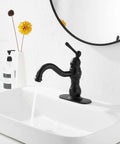 Matte Black Bathroom Faucet With 360 Degree Swivel, No Fuss Single Handle Vanity Sink Tap, mounted on white sink