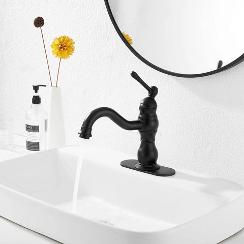 Matte Black Bathroom Faucet With 360 Degree Swivel, No Fuss Single Handle Vanity Sink Tap, mounted on white sink