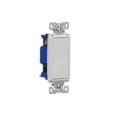 White 15 Amp 120 Volt 4 Way Decorator Switch With Backwire Clamps For 12 And 14 Gauge Wires Ultra Quiet Paddle And Ultrasonic Welded Strap And Body For Easy Install, front view