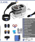 2500W Handheld Steam Cleaner Rapid Heat Up In 10 Seconds With 3 Bar High Pressure Steam shown with accessories and dimensions chart