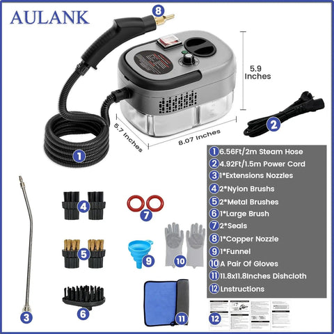 2500W Handheld Steam Cleaner Rapid Heat Up In 10 Seconds With 3 Bar High Pressure Steam shown with accessories and dimensions chart
