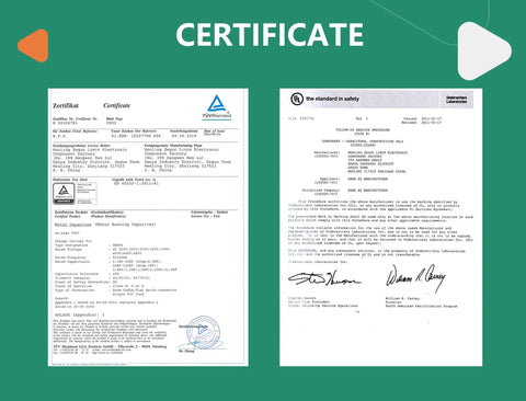 Certification documents for CBB60 Motor Run Capacitor 50uF Plus Or Minus 5 Percent MFD 110 125 250 VAC 50 60Hz For Air Compressors