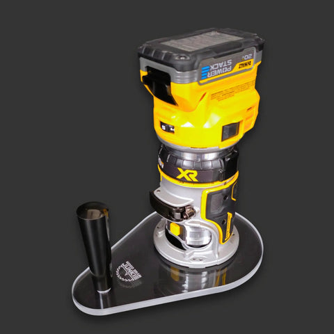 6X9 Router Base Plate In Clear Acrylic Sets A Dead On Fit For Dewalt Dwp611 And Dcw600b mounted on a compact router.
