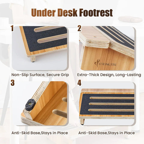 Ergonomic Under Desk Foot Rest With Non Slip Surface For Better Posture And Circulation, showing anti-skid base and wooden construction