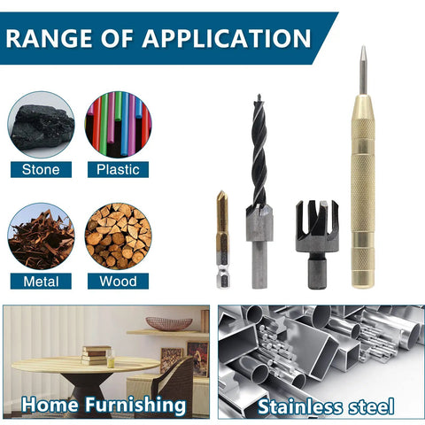Premium Wood Chamfer Tool Set With Eight Killer Wood Plug Cutter Bits And Seven Dead Nuts Accurate Countersink Drill Bits Paired With Six Five Flute Ninety Degree Precision Drills Plus A Heavy Duty L Wrench For No Sweat Carpentry Builds tools arranged with various materials like wood, metal, and plastic.