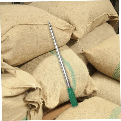 Stainless Steel Grain Sampler Tool With Handy Handle Compact Probe for corn, rice, and wheat sampling, resting on sacks