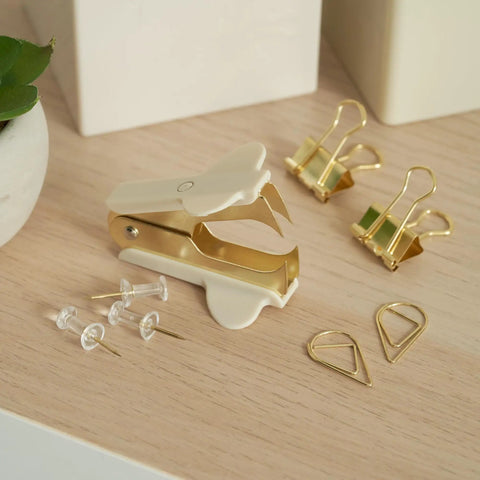 Aesthetic Desk Accessories Set Complete Desktop Organizer For Women With Gold Finish Pen Holder Scissors Stapler Tape Dispenser And More To Level Up Your Home Office Decor And Boost Productivity. Gold stapler and clips