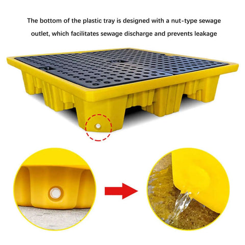 Industrial Oil Spill Containment Tray With Anti Slip Polyethylene Platform shown with drainage system, yellow