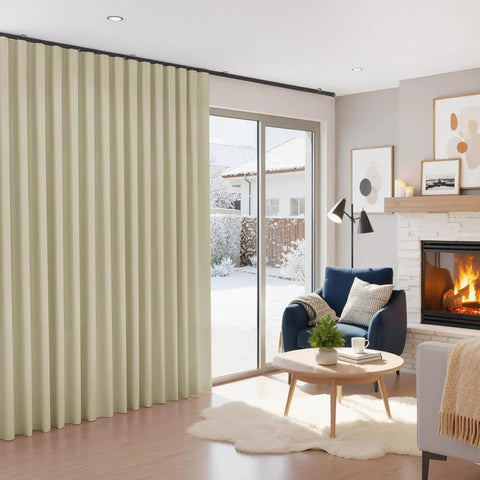 100 Percent Blackout Curtain Panel For Sliding Glass Doors And Rooms installed in a living room, light beige, W100 x L84 cm