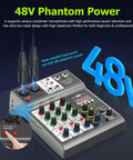 Four Channel Audio Mixer With USB And Bluetooth For Recording, Live Streaming, And Podcasting, featuring 48V phantom power