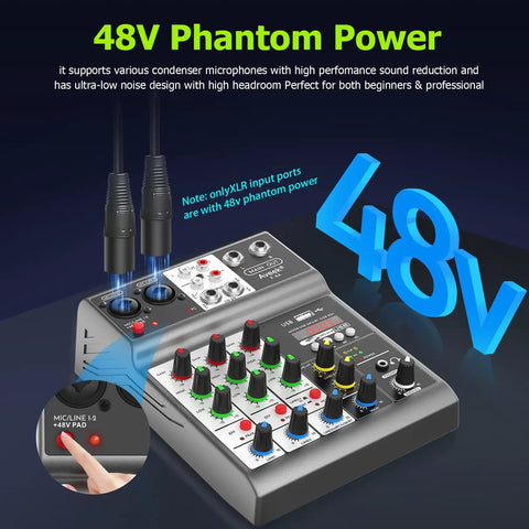 Four Channel Audio Mixer With USB And Bluetooth For Recording, Live Streaming, And Podcasting, featuring 48V phantom power