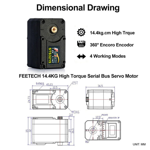 Dimensional drawing of Top Shelf 14KG Serial Bus Servo Motor showing precise measurements and design details.