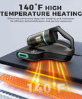 Heavy Duty Handheld Mattress Vacuum Cleaner With Knockout 15Kpa Suction For Sweeping Up Dust Hair And Gunk Quick Hot Air Sanitizer For Damp Sheets No Sweat Cleanup On Couches Rugs And Beds on bedding with 140°F heating feature.