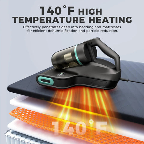 Heavy Duty Handheld Mattress Vacuum Cleaner With Knockout 15Kpa Suction For Sweeping Up Dust Hair And Gunk Quick Hot Air Sanitizer For Damp Sheets No Sweat Cleanup On Couches Rugs And Beds on bedding with 140°F heating feature.