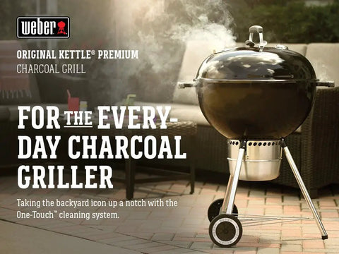 Original Kettle Premium Charcoal Grill 22 Inch Black Outdoor BBQ Grill with thermometer on patio