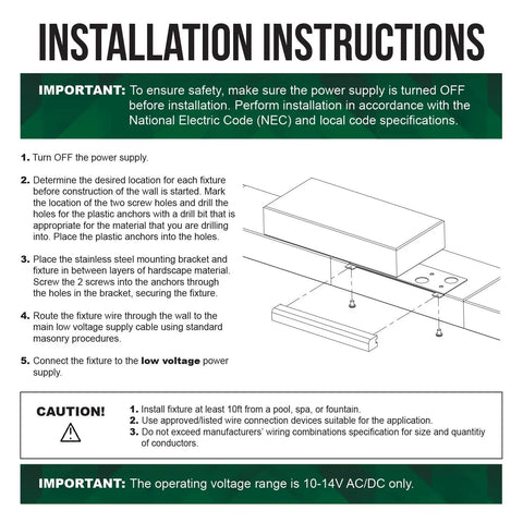 Installation instructions for Six Pack Hardscape Lights For Retaining Walls And Steps, 4W 6.8 Inch LED Paver Step Lights