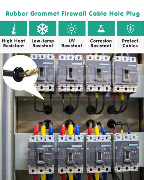 Rubber Grommet Kit 200 Pack With 7 Sizes for Firewall Holes and Cable Management shown in electrical setup
