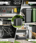 Interior scenes of Metal Garden Shed 6x4 Outdoor Storage with lockable doors showing tool, bike, garbage, and pet storage areas.