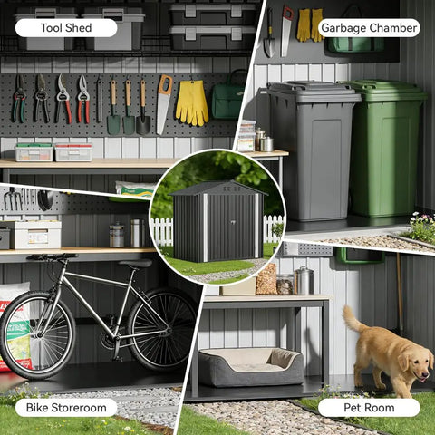 Interior scenes of Metal Garden Shed 6x4 Outdoor Storage with lockable doors showing tool, bike, garbage, and pet storage areas.