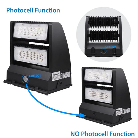 Image showing 120W LED Wall Pack Light Beast Bright 5000K with photocell sensor, dual rotatable panels, and no photocell option.