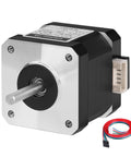 NEMA 17 stepper motor, silver front plate and black housing, with 1 m multicolor 4-wire cable and connector.