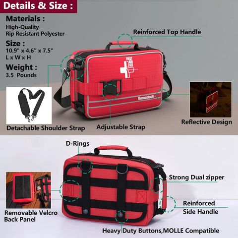 Big 324 Piece First Aid Kit With Labeled Compartments For Cars, Home, Office, Travel, shown with reinforced handles and detachable strap