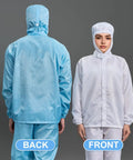 Versatile Two Piece Cleanroom Suit With Built Hood And Ultra Breathable Fabric Designed For Zero Sweat On The Shop Floor Featuring Secure Elastic Cuffs For A Slick Lockdown Profile That Rolls Smooth Throughout The Daily Grind. Displaying front and back views of two cleanroom suits in blue and white.