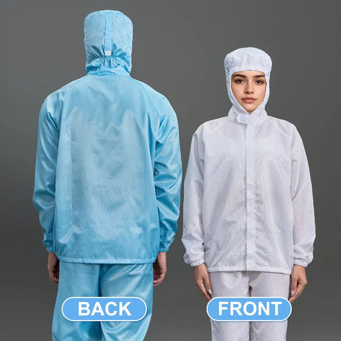 Versatile Two Piece Cleanroom Suit With Built Hood And Ultra Breathable Fabric Designed For Zero Sweat On The Shop Floor Featuring Secure Elastic Cuffs For A Slick Lockdown Profile That Rolls Smooth Throughout The Daily Grind. Displaying front and back views of two cleanroom suits in blue and white.
