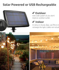 Solar Outdoor String Lights 25ft 26 LED G40 Bulbs USB Rechargeable Portable Edison Cafe Lights illuminating patio area