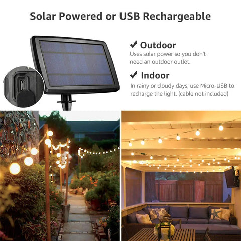 Solar Outdoor String Lights 25ft 26 LED G40 Bulbs USB Rechargeable Portable Edison Cafe Lights illuminating patio area