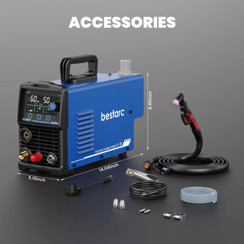 Dual Voltage 110 to 220V 50A Plasma Cutter for DIY and Workshop, accessories and main unit with LED display.