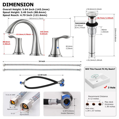 Widespread Two Handle Bathroom Faucet With Pop Up Drain And cUPC Supply Lines In Brushed Nickel dimensions and installation guide