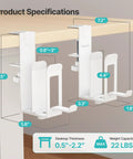 Product specifications for Slick Under Desk Laptop Stand Vertical Dual Slot Holder showing dimensions and clamp details.