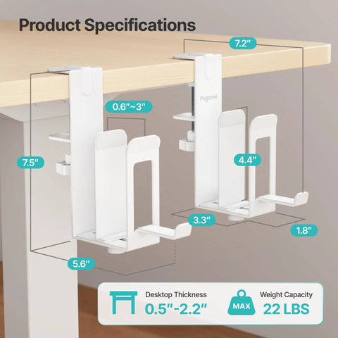 Product specifications for Slick Under Desk Laptop Stand Vertical Dual Slot Holder showing dimensions and clamp details.