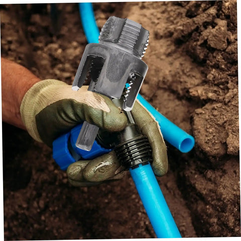 Kontonty 3 Pc Pipe Threader Set For Metal And Pvc Pipes Compatible With Electric Drill For Internal External Threading Ideal For Home Reno And Pro Plumbing Projects, worker using pipe threader on blue PVC pipes.