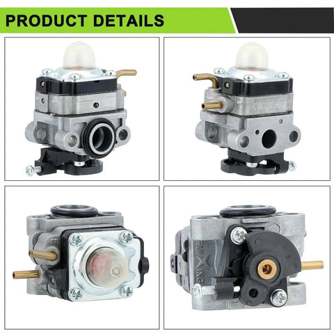 Ryobi 25cc Two Cycle Carburetor Replacement Kit with four different views for trimmer models Ry252CS Ry253SS Ry251PH Ry254BC