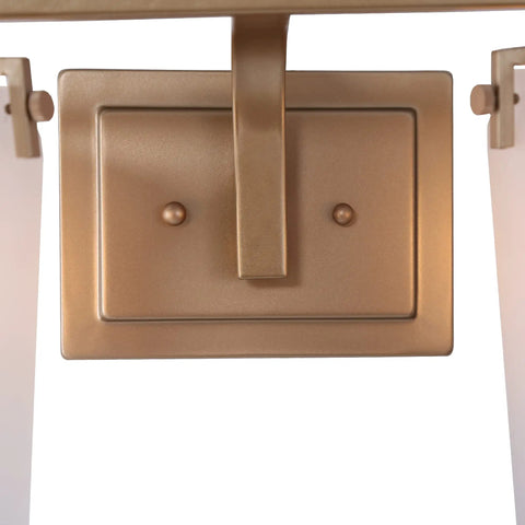 Gold Bathroom Vanity Light Fixture Dope 2 Light Modern Bath Lighting With White Frosted Glass Shades Deep Gold Finish Sleek Contemporary Vanity Light For Master Bath 14 By 7.5 By 8 Inches Premium Luxury Home Decor, close-up of gold wall mounting plate and frosted glass edges
