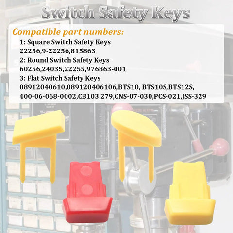 Built Tough Safety Switch Keys For Garage Power Tools And Workbench Rigs Four Piece Lockout Kit on table, showing red and yellow keys.
