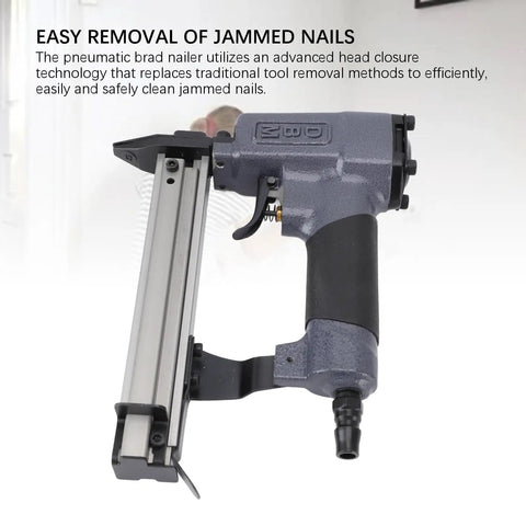 Straight Shooting 18 Gauge Pneumatic Brad Nailer And 2 In 1 Stapler Tool Anti Jam Head with clear view for easy nail removal.