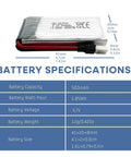 5 Pack 3.7V 500mAh LiPo Batteries With 5-In-1 USB Charger for RC planes and drones shown with detailed specifications.