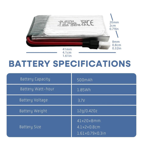 5 Pack 3.7V 500mAh LiPo Batteries With 5-In-1 USB Charger for RC planes and drones shown with detailed specifications.