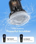 Electric Spin Scrubber Cordless Cleaning Brush Set With 8 Replaceable Heads Dual Speed Power Scrubber For Tub And Floor Tile Adjustable Detachable Handle No Fuss Cleaning For Grout, Shower, And Bathroom All Black, black brush head shown with water splash