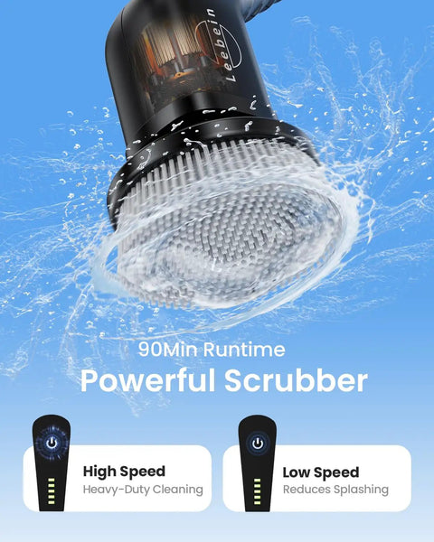 Electric Spin Scrubber Cordless Cleaning Brush Set With 8 Replaceable Heads Dual Speed Power Scrubber For Tub And Floor Tile Adjustable Detachable Handle No Fuss Cleaning For Grout, Shower, And Bathroom All Black, black brush head shown with water splash