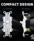 Front and side view of 4 Way Toggle Light Switch 15 Amp 120 277V In Wall On Off Framed Quiet Switch Self Grounding UL Listed