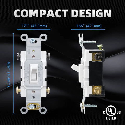 Front and side view of 4 Way Toggle Light Switch 15 Amp 120 277V In Wall On Off Framed Quiet Switch Self Grounding UL Listed